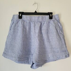 Tahari 100% Linen Blue White Stripe Pull On Shorts Elastic Waist Coastal Summer